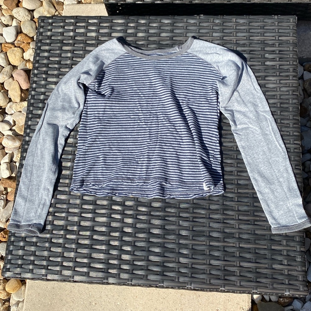 Striped Crewneck Long Sleeve Top in Navy and Heather Gray